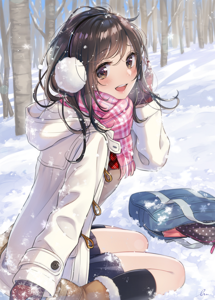 Anime girl in snow with pink scarf