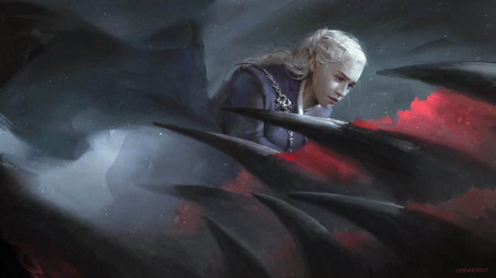 Daenerys Targaryen from Game of Thrones on a dragon