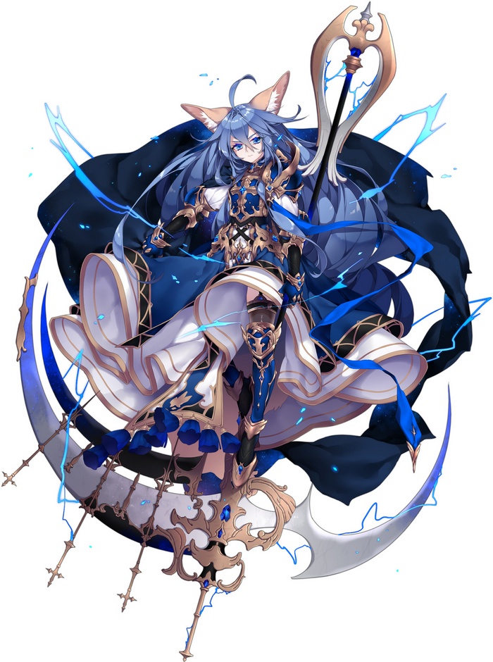 Anime girl with blue hair and animal ears holding a staff