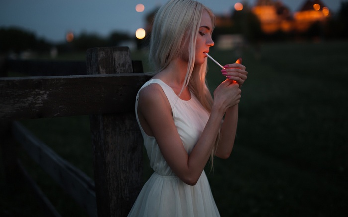 Andrey Frolov, blonde, profile, smoking, pink nails, side view, white dress, women