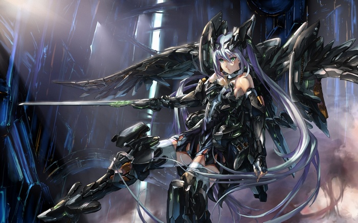 Anime girl with futuristic armor and wings holding a sword
