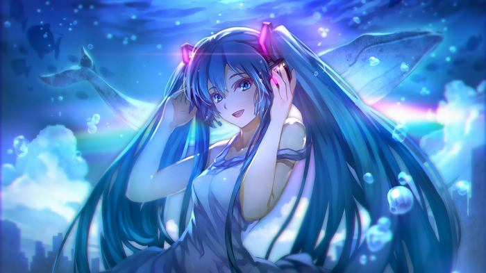 Hatsune Miku underwater with a whale