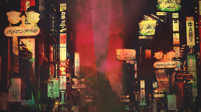 Shibuya Center Gai street signs at night