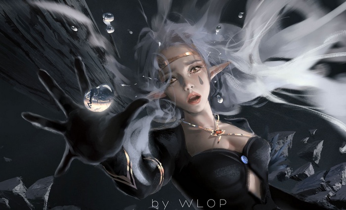 Artwork by WLOP featuring an elf with white hair and water drops