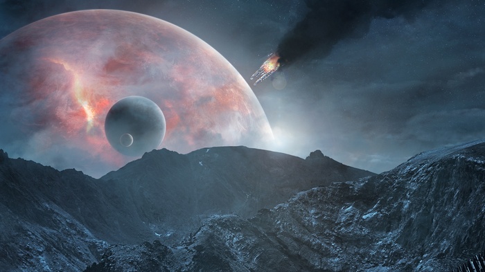 Spaceship burning in space near planets