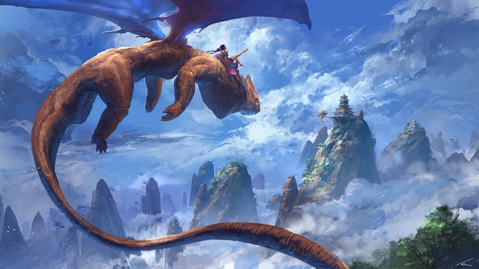 Dragon Rider flying over mountains with temple