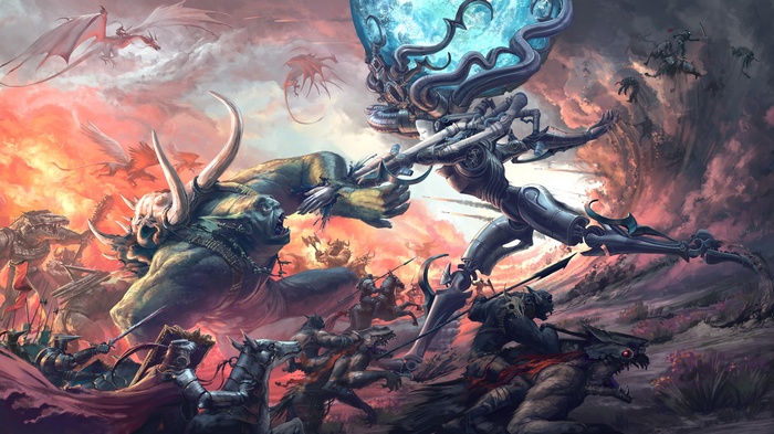 Fantasy battle with a minotaur and a cyborg warrior