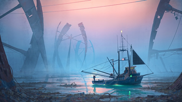 Boat in a post-apocalyptic landscape with industrial ruins