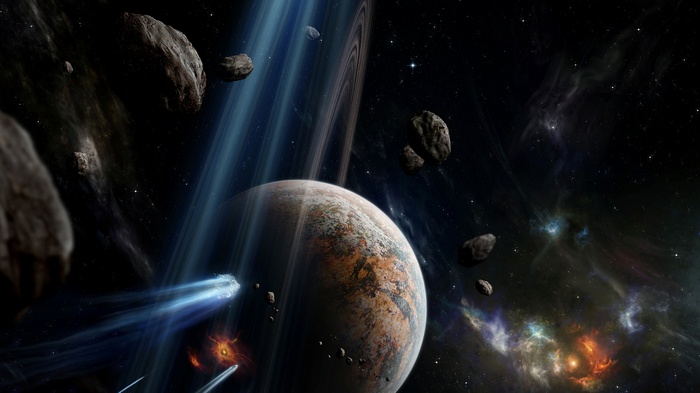 Planet with rings and asteroids in space
