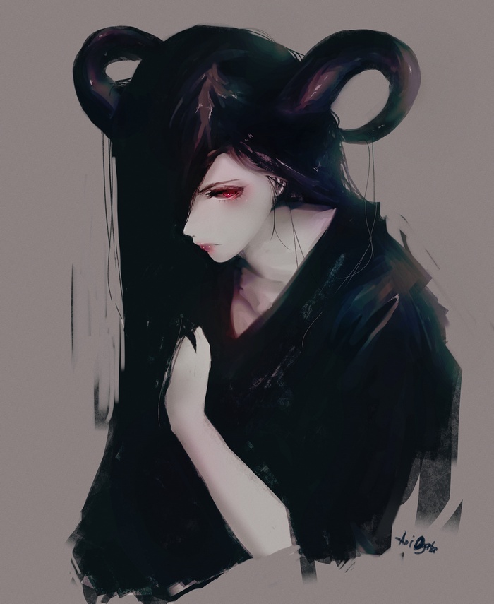 digital art, red eyes, succubus, black hair, Aoi Ogata, anime girls, artwork, horns