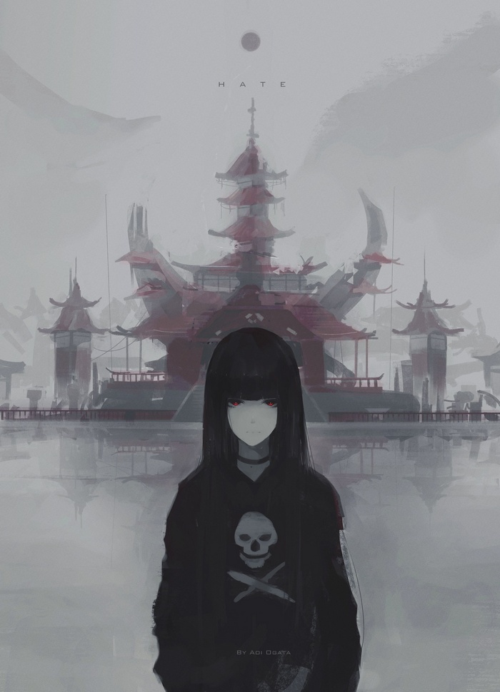 Girl with skull hoodie and red eyes in front of temple