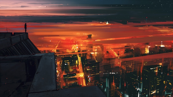 Cityscape at sunset with a lone figure on a rooftop