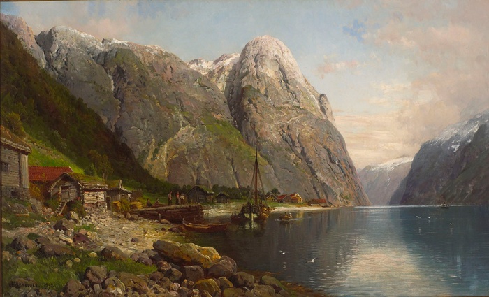 Norwegian Fjord Landscape with Village and Mountains by Anders Askevold
