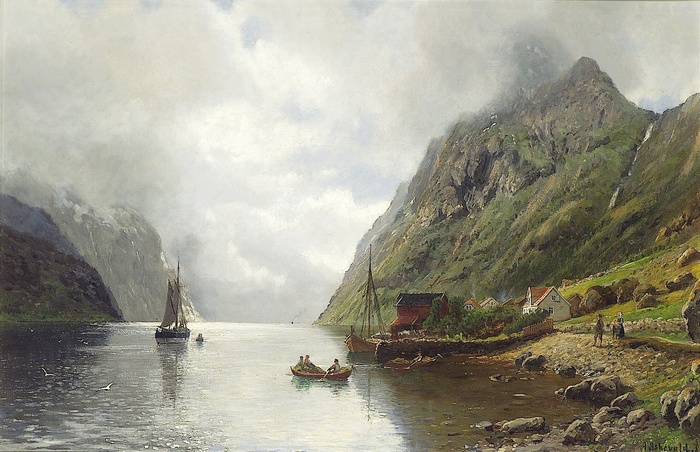 Fjord landscape with villages and boats by Anders Askevold