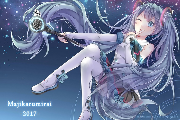 Hatsune Miku from Vocaloid holding a microphone staff