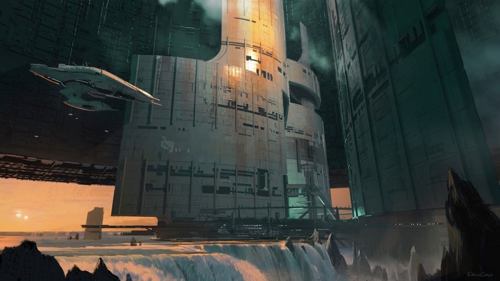 Spaceship near a futuristic city with waterfalls
