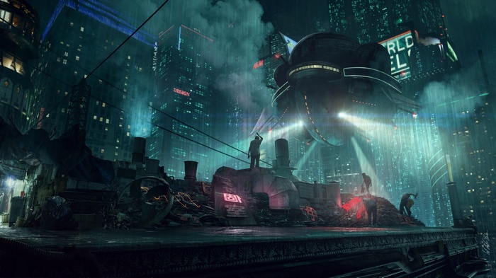 Cyberpunk city with flying vehicle and workers