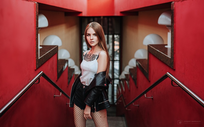 long hair, Evgeny Markalev, jean shorts, leather, brown eyes, women indoors, looking at viewer, leather jackets, women, model, white tops, brunette, Vasilisa Sarovskaya