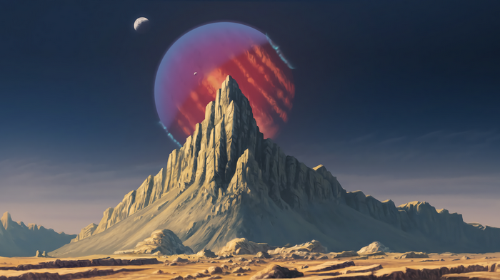Alien planet with mountains and a large planet in the sky