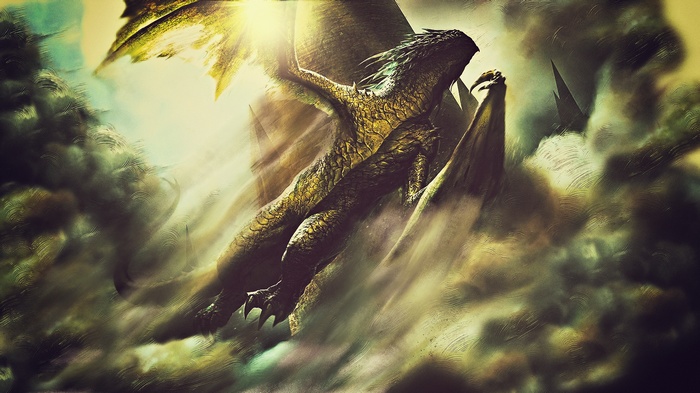 Dragon flying through clouds with sunlight