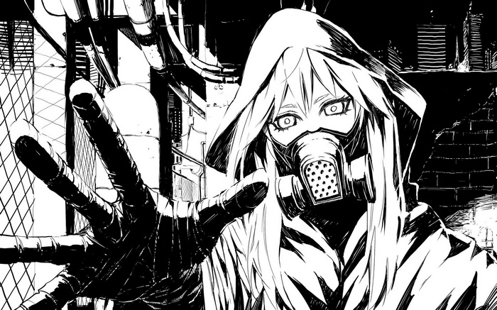 Girl with gas mask in urban setting