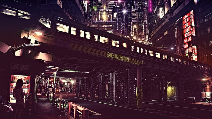 Cyberpunk cityscape with elevated train at night