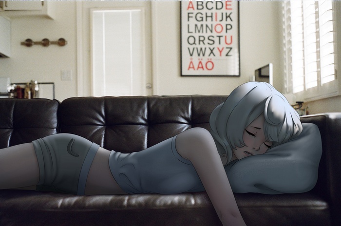 Anime girl sleeping on a couch