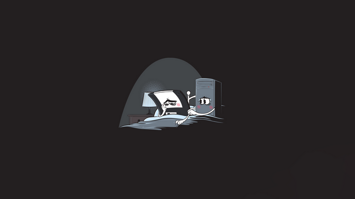 Cartoon floppy disk and computer in bed