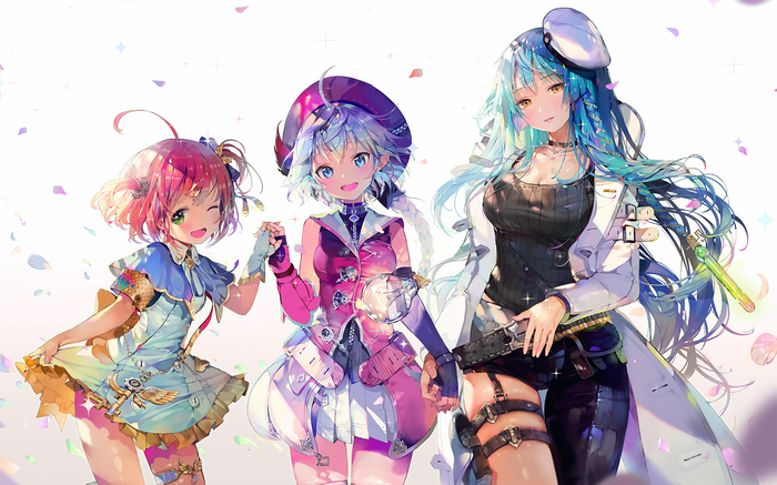 Three anime girls with colorful hair and outfits