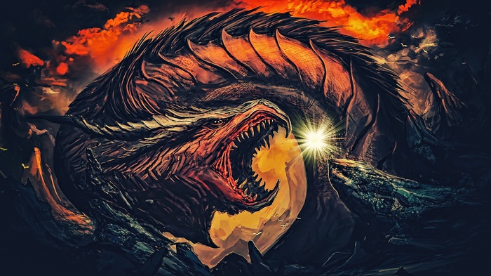 Fantasy art of a dragon breathing fire at night