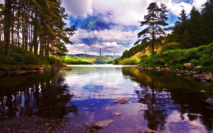 Futuristic planet over a lake with trees and hills