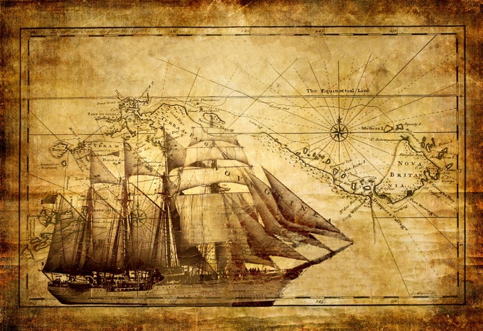 Vintage sailing ship on an old nautical map