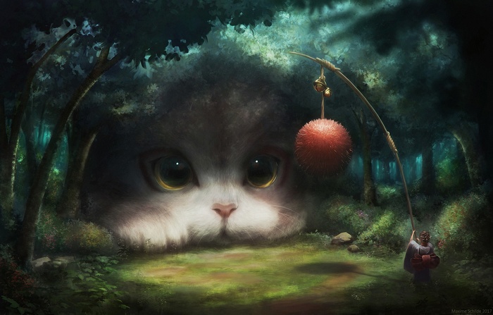 Giant cat in a forest with a small person