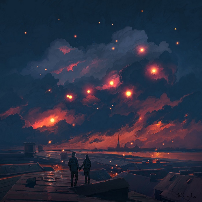Couple holding hands on a rooftop overlooking a city at night