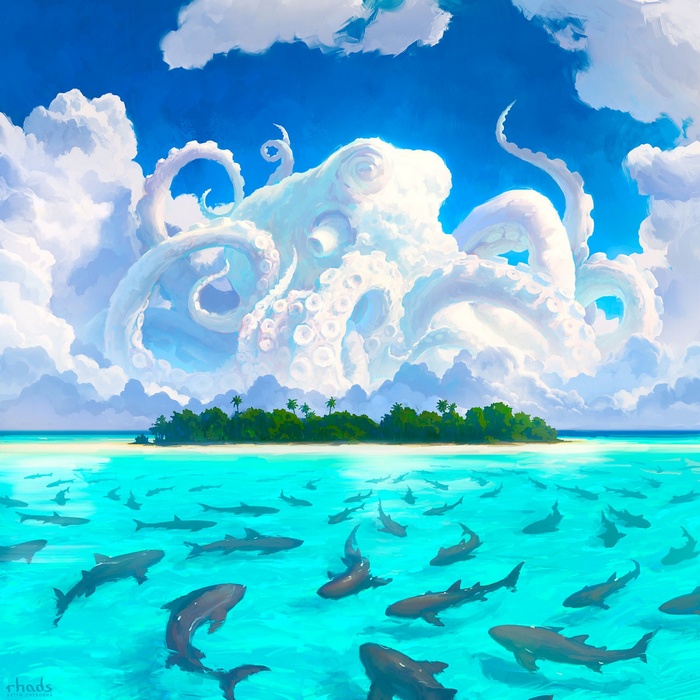 Octopus cloud over island with sharks in ocean