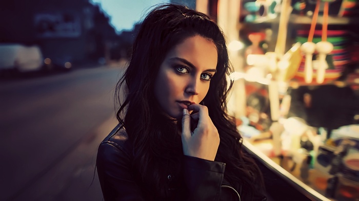 blue eyes, Aurela Skandaj, portrait, women outdoors, women, leather jackets, model, long hair