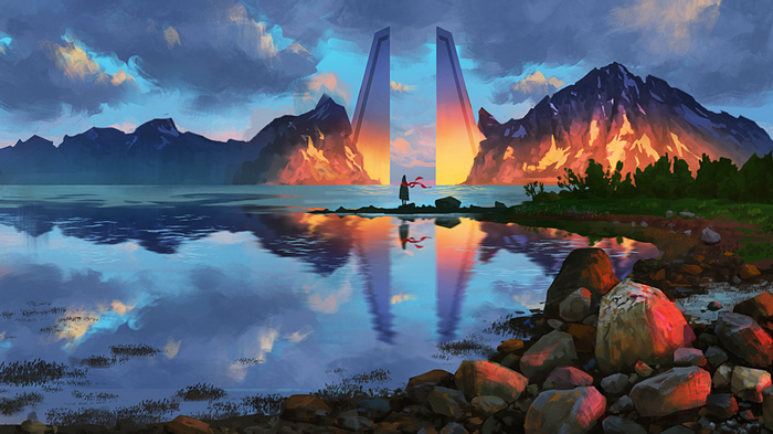 Person in red scarf by portal between mountains