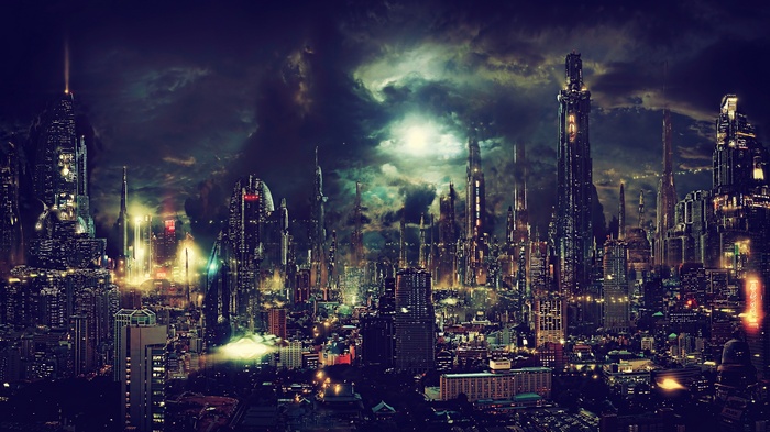 Futuristic cyberpunk cityscape at night with dramatic clouds