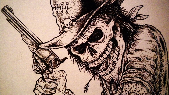 Skeleton cowboy with a revolver and arrow