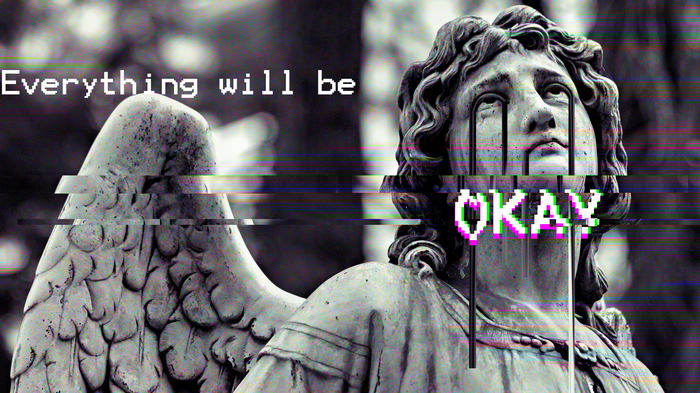 Glitch art statue with text