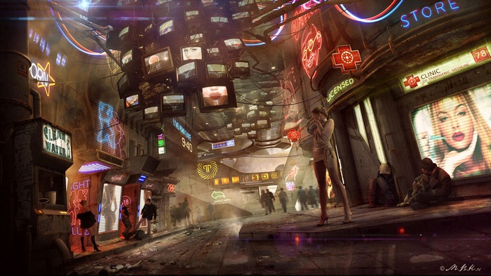 Cyberpunk street with neon lights and screens