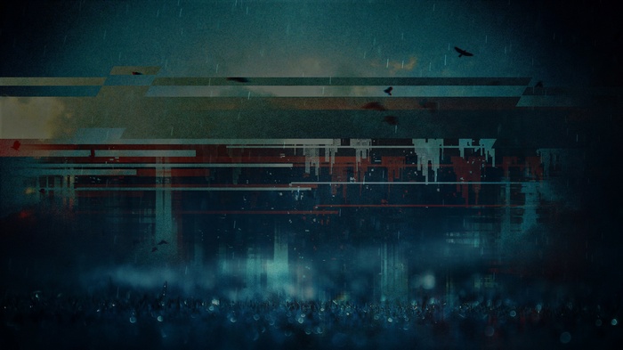 Abstract glitch art with rain and birds