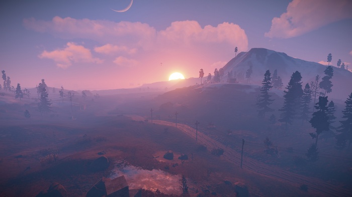 Rust game landscape with sun rays and moon