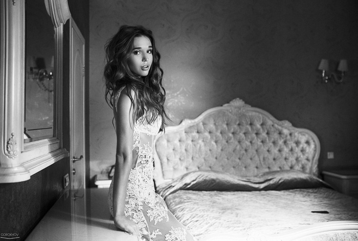 Monochrome portrait of a woman in lingerie