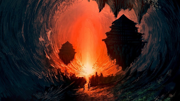 Fantasy cave landscape with Asian architecture and glowing light