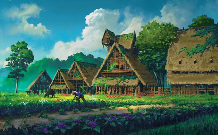 Digital art of a rural village with thatched-roof houses and farmers