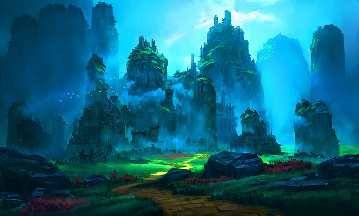Fantasy mountain landscape with ancient structures