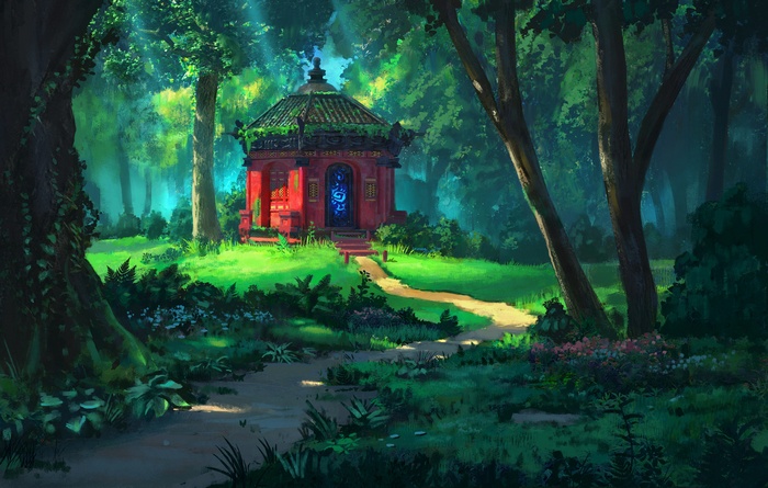 Red shrine in a sunlit forest