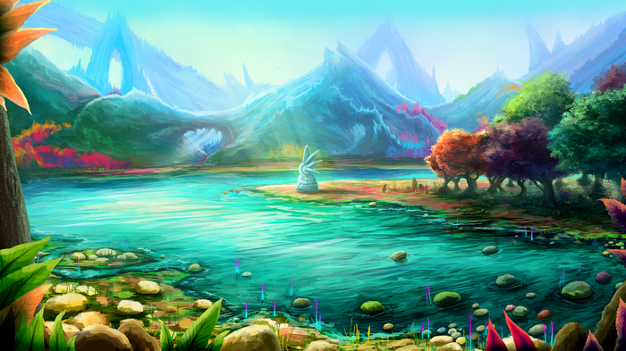 Colorful fantasy landscape with mountains and a lake