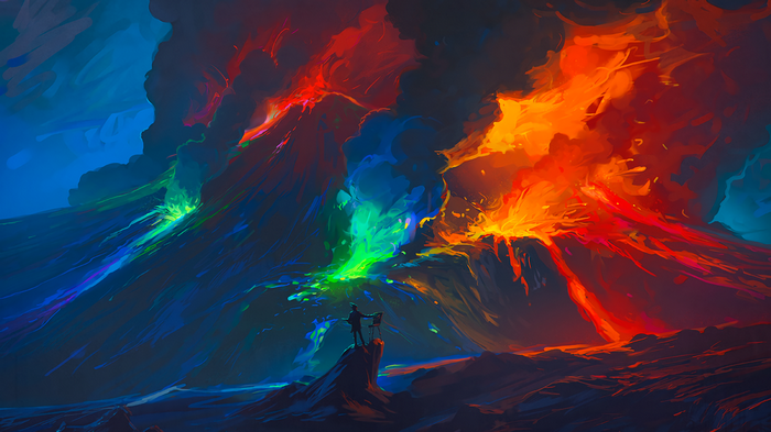 Volcano eruption with colorful smoke and lava, artist observing